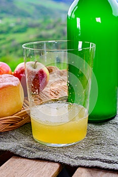 Natural Asturian cider made fromÂ fermented apples and Asturian cow cheese and view Picos de Europa mountains on background